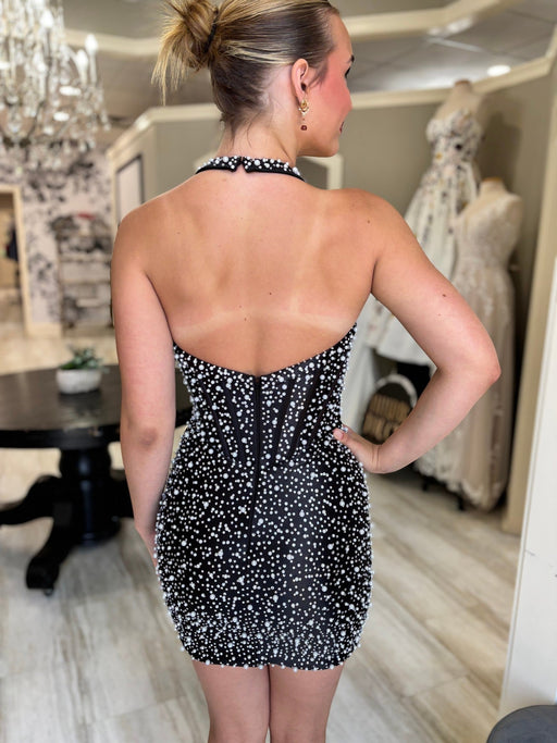 Black Pearl Beaded Bodycon Homecoming Dress Short-Bridelily