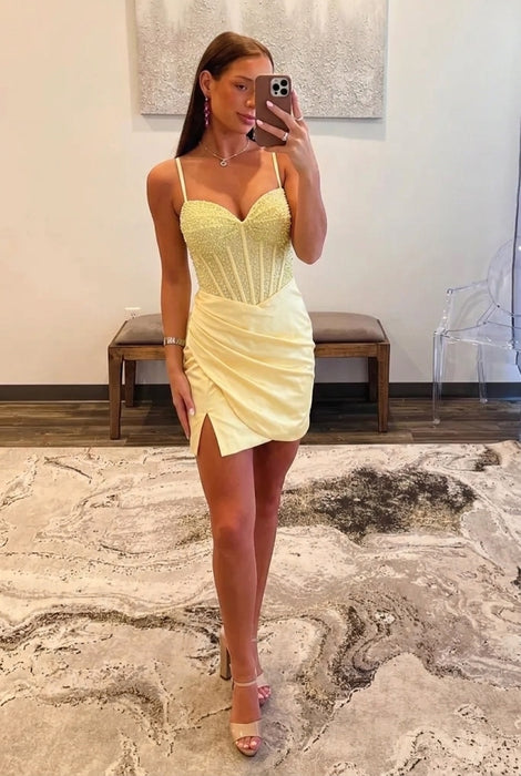 Pearl Beaded Sweetheart Corset Satin Mini Homecoming Dress with Side Slit