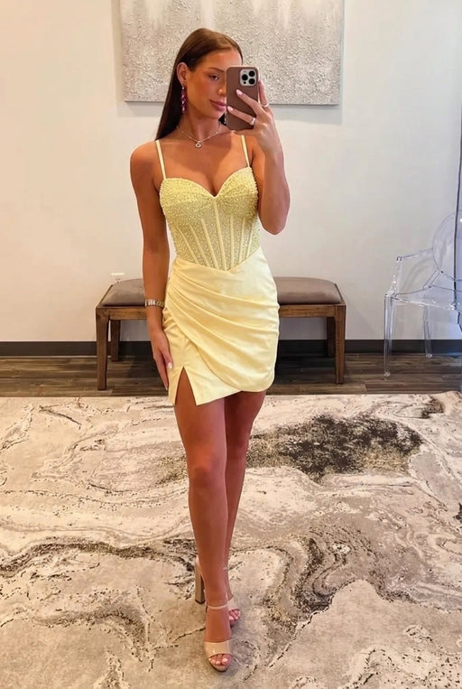 Pearl Beaded Sweetheart Corset Satin Mini Homecoming Dress with Side Slit