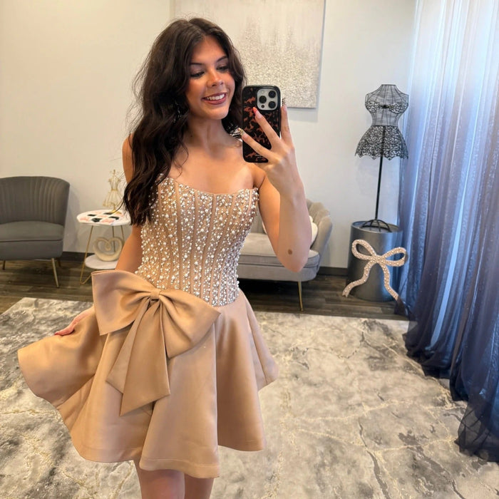 Pearl Corset Bow A-Line Homecoming Dress