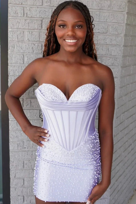 Lilac Pearl Embellished Corset Mini Homecoming Dress Strapless Sweetheart Bodycon Dress