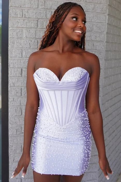 Lilac Pearl Embellished Corset Mini Homecoming Dress Strapless Sweetheart Bodycon Dress