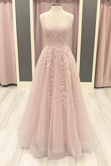 Pearl Pink A Line Lace Long Prom Dresses