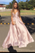 Pearl Pink Spaghetti Straps Deep V Neck Sleeveless A Line Prom Dress Satin with Ruffles