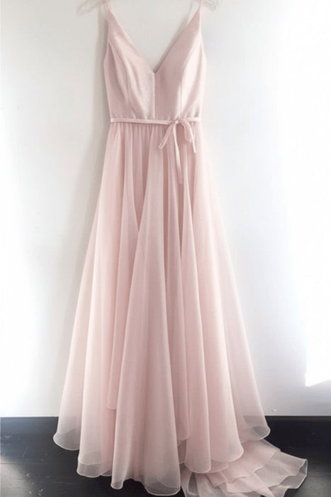 Pearl Pink A Line V Neck Spaghetti Straps Tulle Prom Dresses