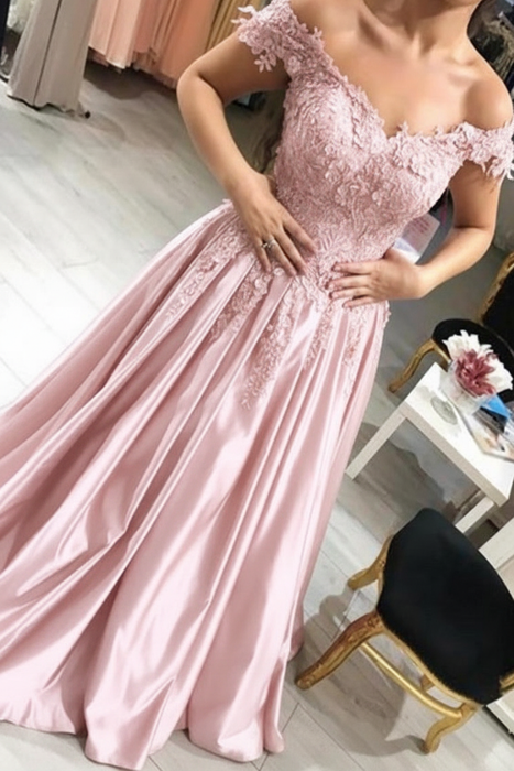Pearl Pink Off-the-Shoulder Lace Applique Satin Aline Evening Dresses
