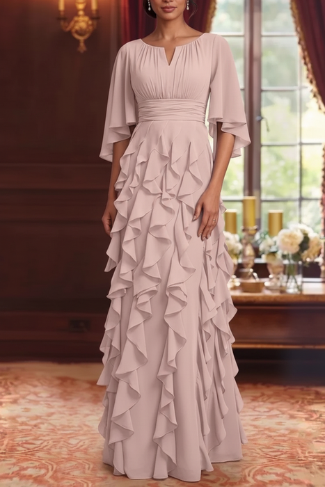 Pearl Pink Chiffon Mother of the Bride Dress Flutter Sleeves with Cascading Ruffles