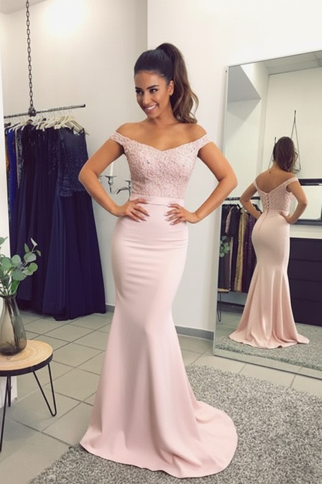 Pearl Pink Elegant Off-the-Shoulder Mermaid Lace Beadings Long Evening Dress - Prom Dresses
