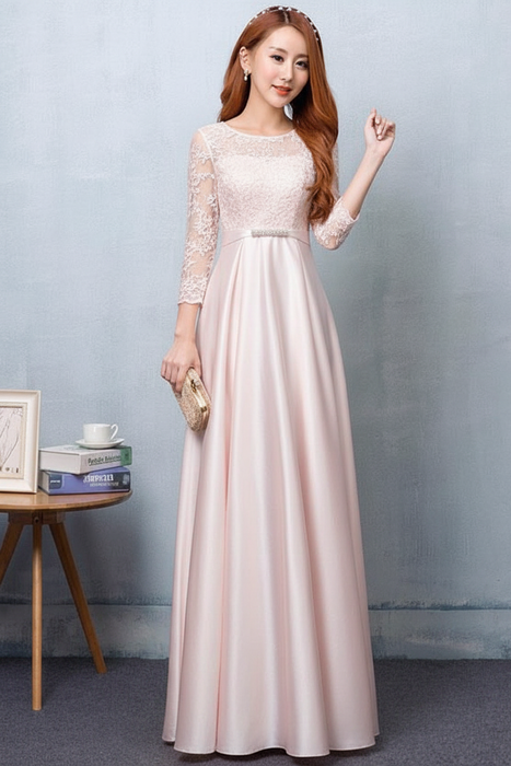 Pearl Pink Evening Dress Satin Prom Dress Lace Applique Wedding Guest Dresses Sash A Line Maxi Mother's Dress wedding guest dress