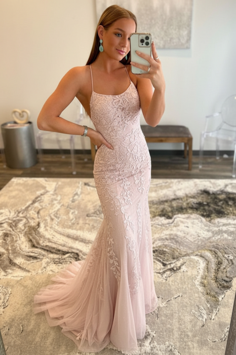Pearl Pink Lace Mermaid Backless Long Prom Dresses