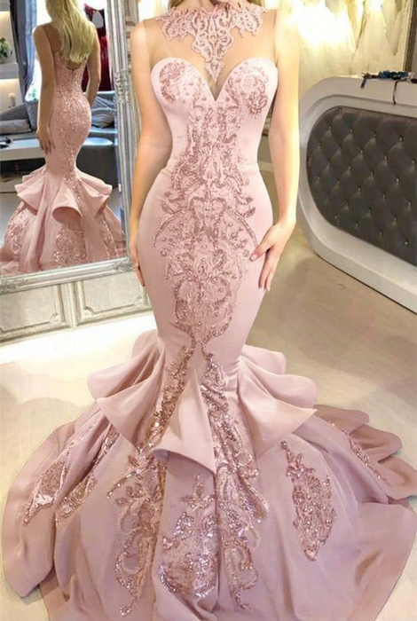 Pearl Pink Mermaid Beads Prom Dresses Appliques Evening Dresses