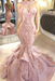 Pearl Pink Mermaid Beads Prom Dresses Appliques Evening Dresses