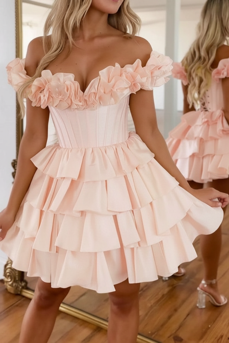 Pearl Pink Off-the-Shoulder Satin Corset Graduation Dress Short Cocktail Dress