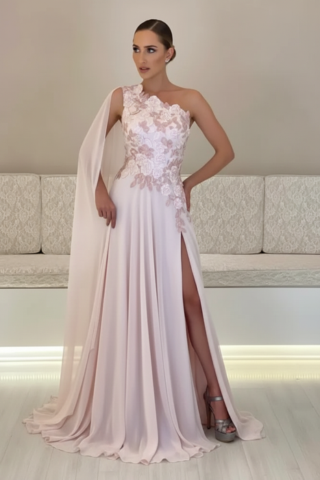 Pearl Pink One-Shoulder Sleeveless Chiffon Evening Dresses Long with Side Slit - Prom Dresses