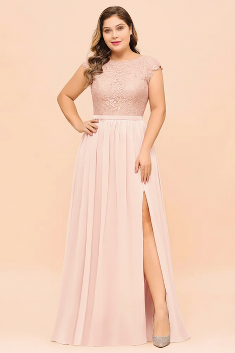 Pearl Pink Plus Size Bridesmaid Dress Lace with Split Cap Sleeves Chiffon Wedding Guest Dress