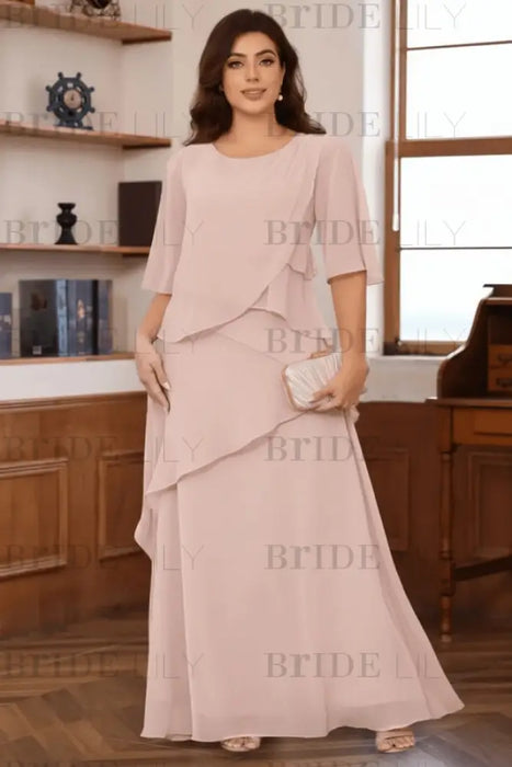 Pearl Pink Plus Size Ruffles Chiffon Mother of the Bride Dress Scoop Neck with Half Sleeves