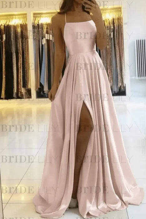 Pearl Pink Simple Prom Dress Long With Spaghetti Straps Front Slit Satin Evening Dress