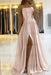Pearl Pink Simple Prom Dress Long With Spaghetti Straps Front Slit Satin Evening Dress