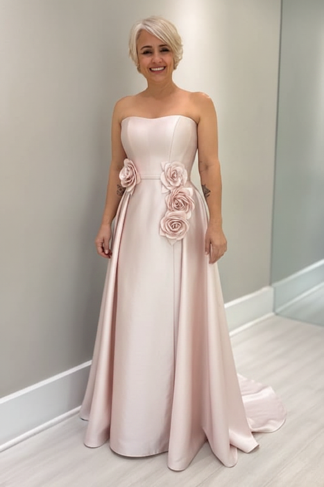 Pearl Pink Satin Mother of the Bride Dress Strapless with Flowers - Prom Dresses