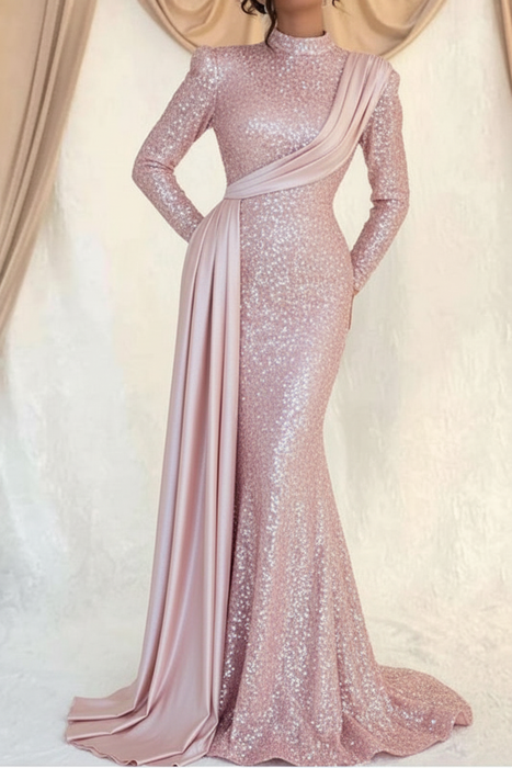 Pearl Pink Sequins Long Sleeves High Collar Mermaid Prom Dress with Ruffle