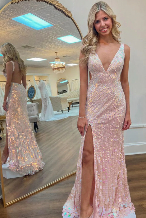 Pearl Pink Sequins V Neck Backless Sleeveless High Slit Prom Dress
