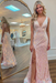 Pearl Pink Sequins V Neck Backless Sleeveless High Slit Prom Dress