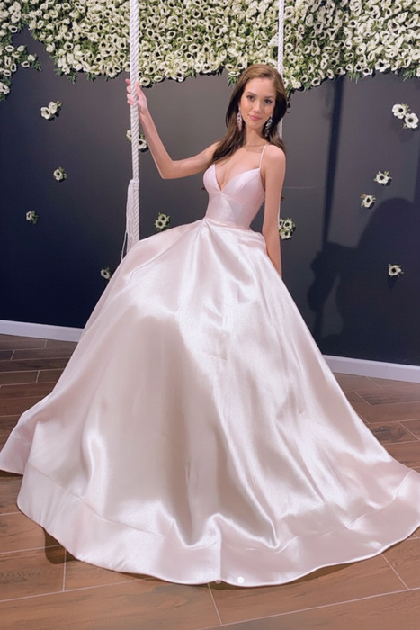 Pearl Pink Simple A Line V Neck Backless Yellow Long Prom Dresses