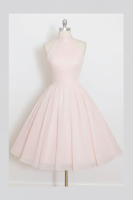 Pearl Pink Sleeveless Homecoming Simple Halter Party Dresses Tea Length Graduation Dress
