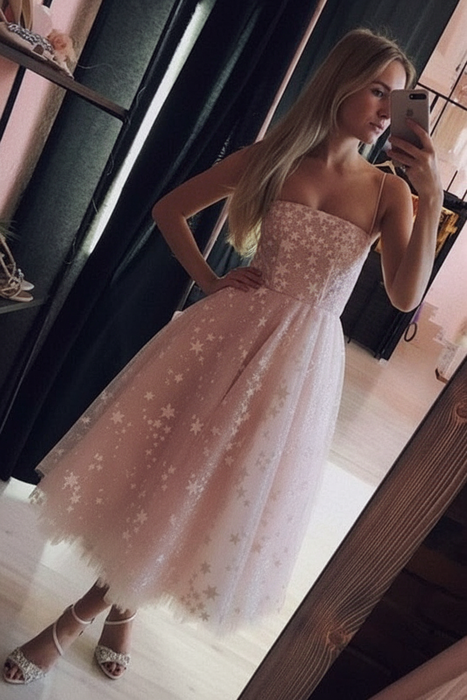 Pearl Pink Spaghetti Strap Tea Length Tulle Homecoming Dress Midi Prom Dresses - Prom Dresses