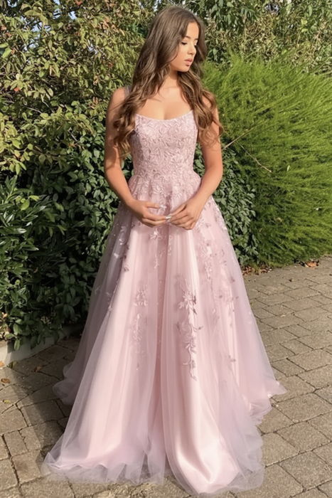 Pearl Pink Stylish Lace Long Prom Dress with Spaghetti Straps