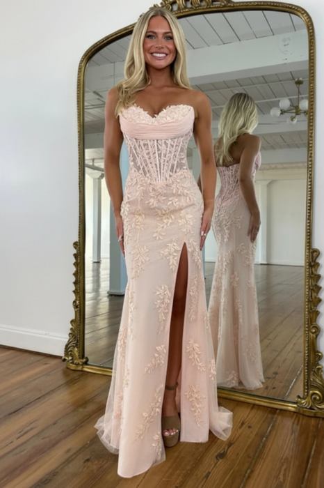Pearl Pink Sweetheart Lace Corset Mermaid Prom Dress Strapless with Split - Prom Dresses
