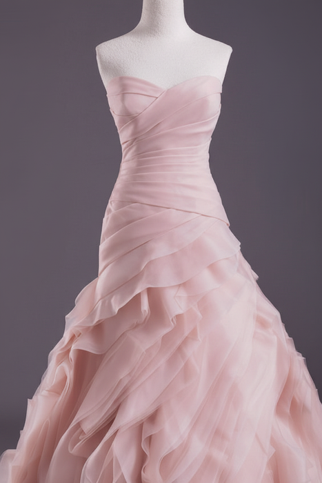 Pink A-line Strapless Sweetheart Neck Tiered Sweep Wedding Gown 