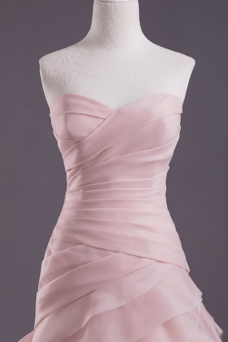 Pink A-line Strapless Sweetheart Neck Tiered Sweep Wedding Gown 
