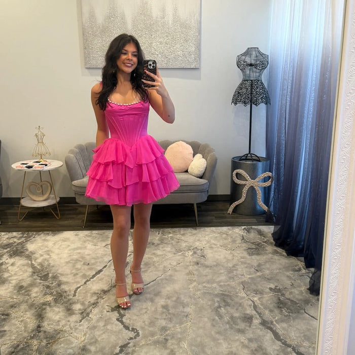 Pink Corset Tiered Tulle Short Homecoming Dress with Pearl