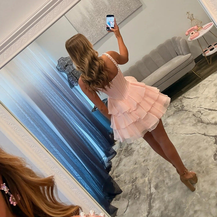 Pink Corset Tiered Tulle Short Homecoming Dress with Pearl