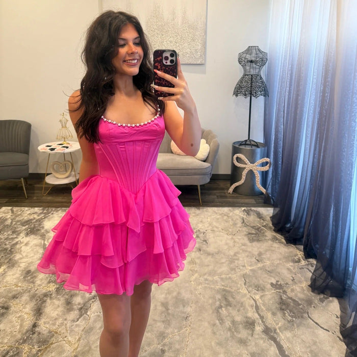Pink Corset Tiered Tulle Short Homecoming Dress with Pearl
