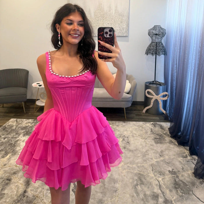 Pink Corset Tiered Tulle Short Homecoming Dress with Pearl
