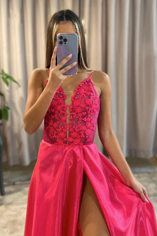 Pink Deep V-Neck Appliques A-Line Long Prom Dress with Slit