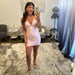 Glitter Pearl V-Neck Spaghetti Strap Mini Homecoming Dress