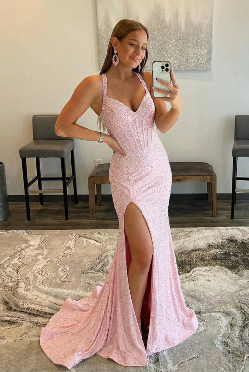 Pink Halter Beaded Mermaid Long Prom Dress with Slit - Pink - Prom Dresses