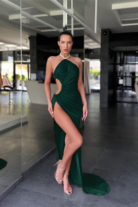 Pink Halter Sleeveless Mermaid Prom Dress with Long Split