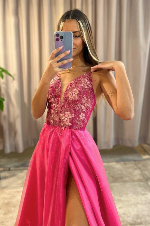Pink Long Prom Dress with Slit A-Line V-Neck Lace Appliques