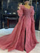 Pink Mermaid High Split Evening Dress, Beaded Bubble Sleeve