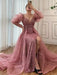 Pink Mermaid High Split Evening Dress, Beaded Bubble Sleeve