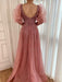 Pink Mermaid High Split Evening Dress, Beaded Bubble Sleeve