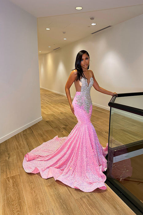 Glitter Sequins Pink Prom Dress Mermaid with Appliques