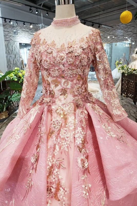 pink dress with pearls long sleeve Long Sleeve Pearl Pink Off The Shoulder Quinceanera Dress with Hand-made Flower, Pink / 4
