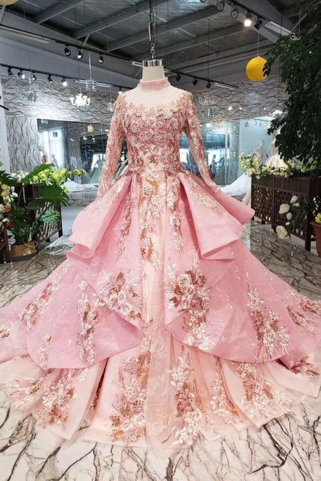 pink dress with pearls long sleeve Pearl Pink Tulle Ball Gown Off-the-Shoulder Long Sleeves Prom Dresses, MP643