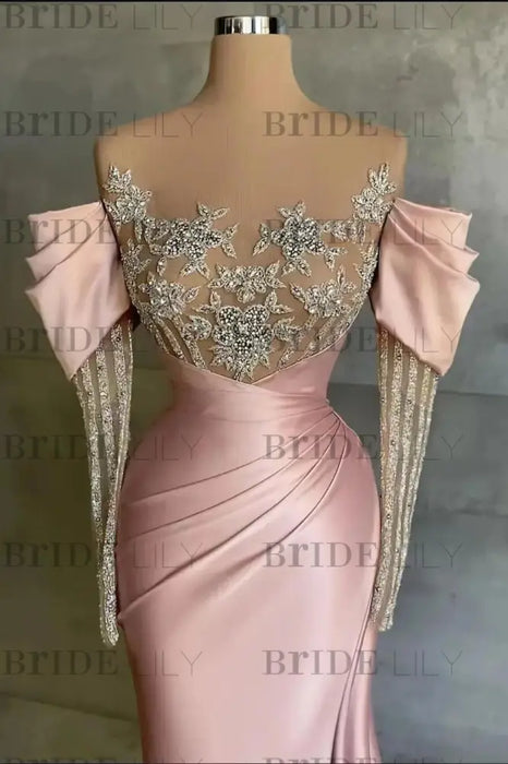 651. Pink Off-The-Shoulder Front Split Mermaid Prom Dress with Beadings and Appliques