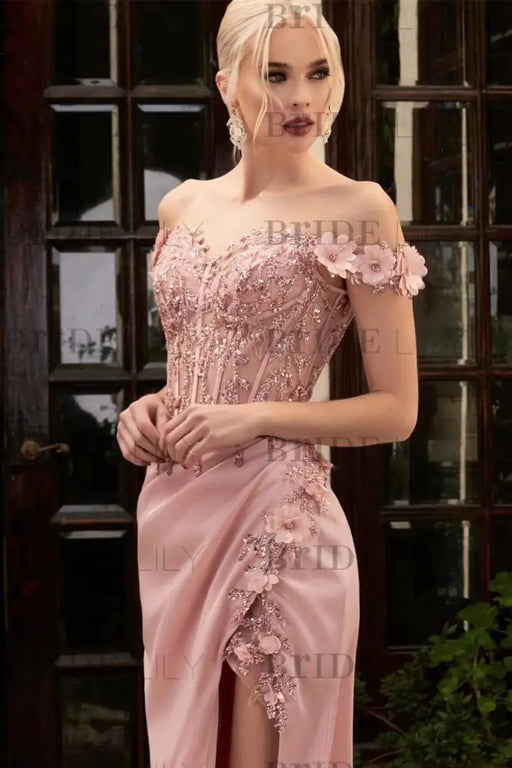 Pink Off-The-Shoulder Mermaid Prom Dress with Applique Split Beadings